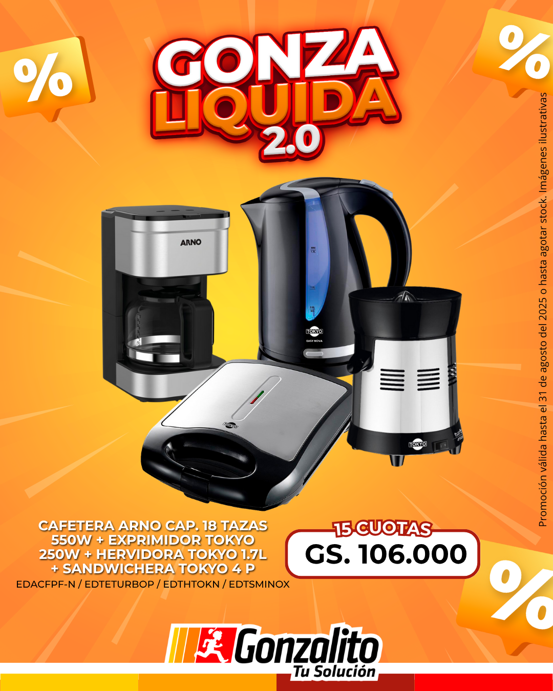 CAFETERA PREFERITA INOX ARNO + HERVIDORA TOKYO 1,7 LTS + EXPRIMIDOR TOKYO TURBO PRO +SANDWICHERA TOKYO 4 PANES