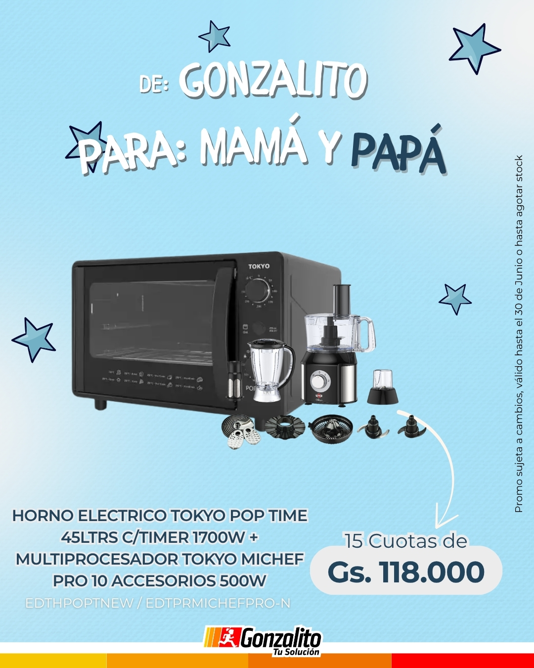 HORNO ELECTRICO TOKYO POP TIME NEGRO 45 LTRS + MULTIPROCESADOR TOKYO MICHEF PRO10