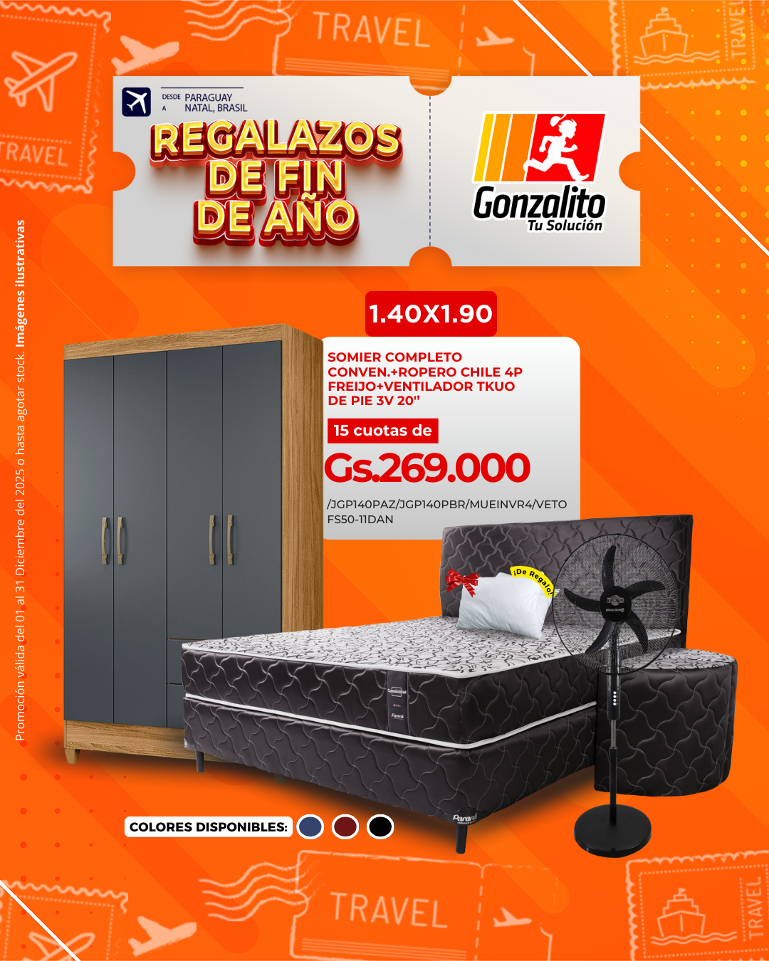 SOMIER COMPLETO CONVENCIONAL 1,40X1,90 80K + 2 ALMOHADAS + ROPERO CHILE 4P FREIJO + VENTILADOR TOKYO DE PIE BRAVÍSIMO 3 VEL 20''