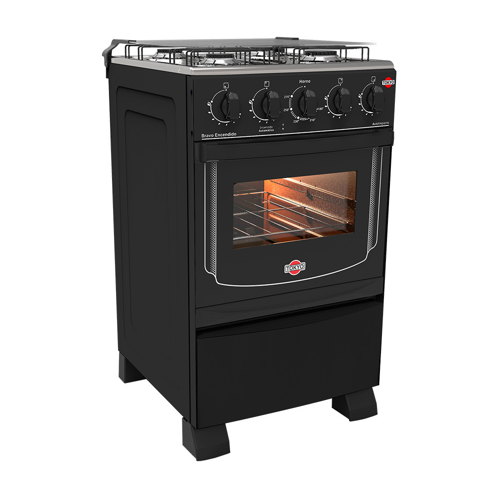 COCINA TOKYO BRAVO 4H NEGRO MESA INOX C/ENCENDIDO T/V