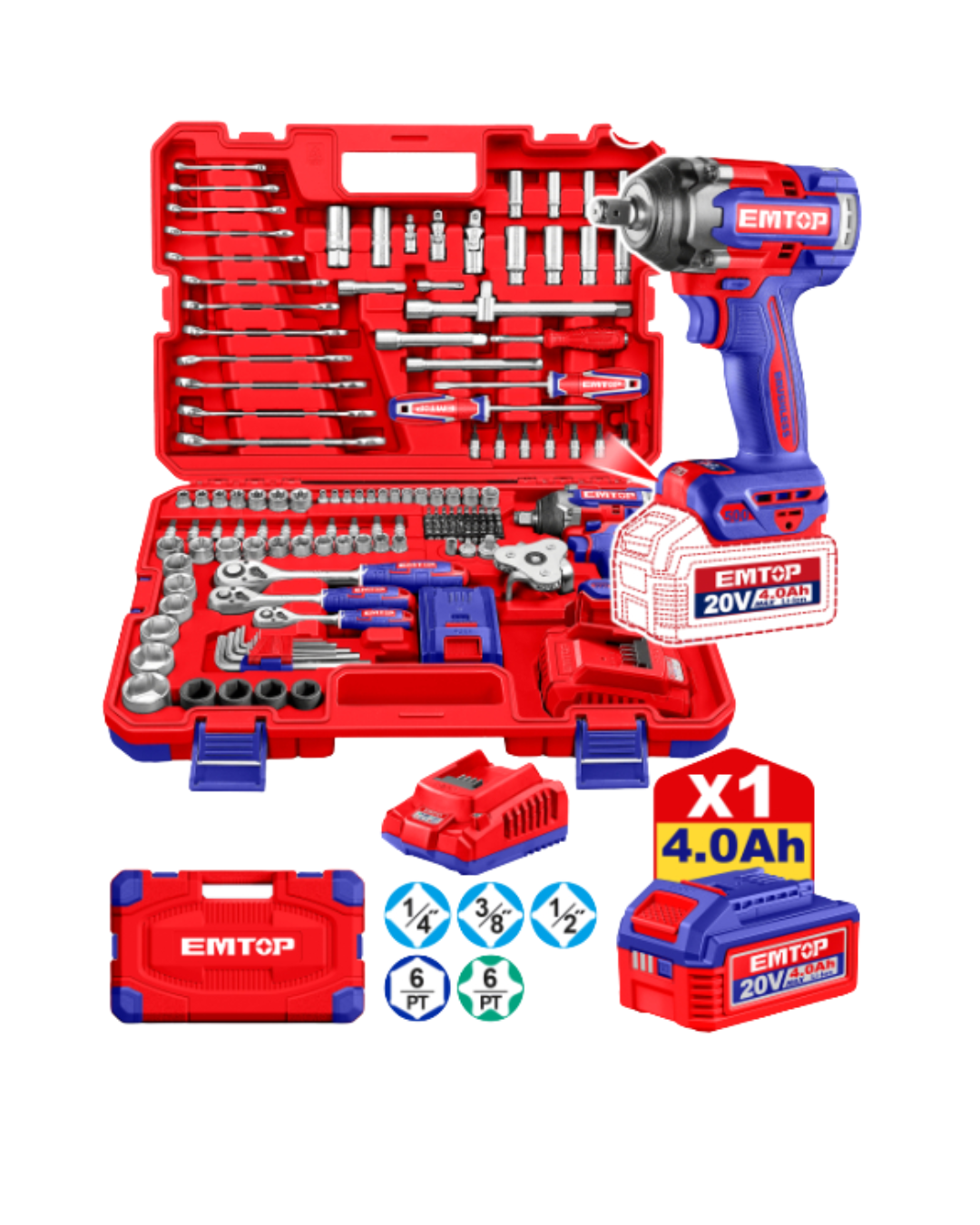 KIT DE HERRAMIENTAS 152 PIEZAS + LLAVE DE IMPACTO EMTOP 500NM 20V