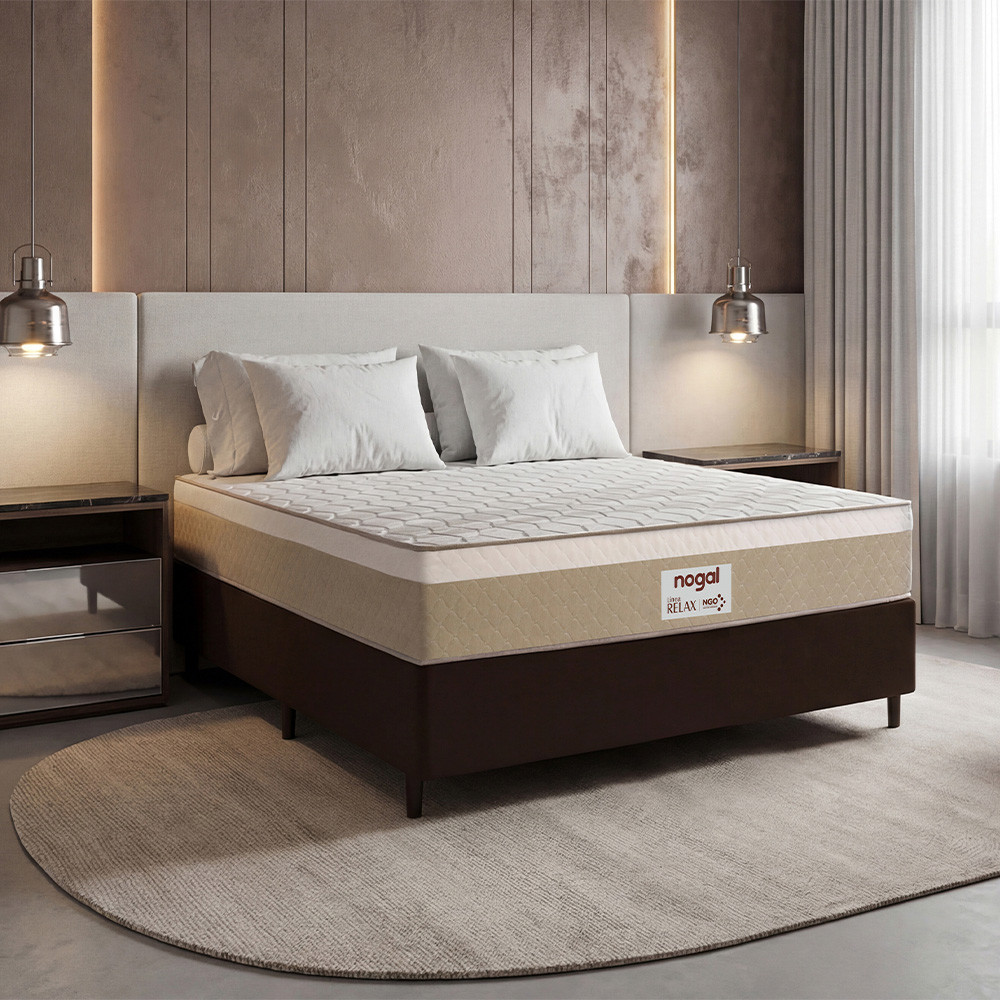 SOMIER NOGAL RELAX MATRIMONIAL 1.38X1.88 MARRON BASE+COLCHON + 2 ALMOHADAS